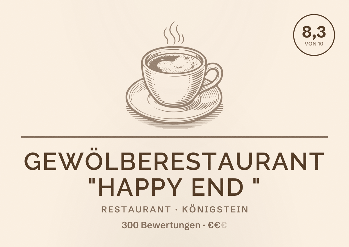 Illustriertes Poster von Gewölberestaurant "Happy End ", Restaurant in Königstein: Bewertung 8,3 von 10 aus 300 Bewertungen, Preisniveau €€