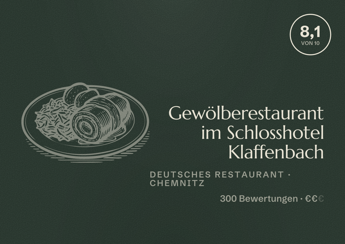 Illustriertes Poster von Gewölberestaurant im Schlosshotel Klaffenbach, Deutsches Restaurant in Chemnitz: Bewertung 8,1 von 10 aus 300 Bewertungen, Preisniveau €€