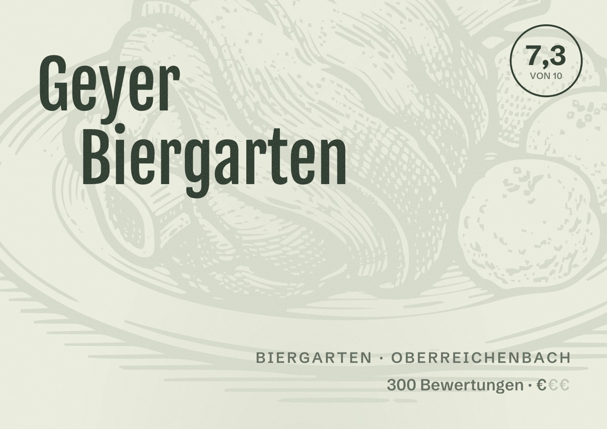 Illustriertes Poster von Geyer Biergarten, Biergarten in Oberreichenbach: Bewertung 7,3 von 10 aus 300 Bewertungen, Preisniveau €