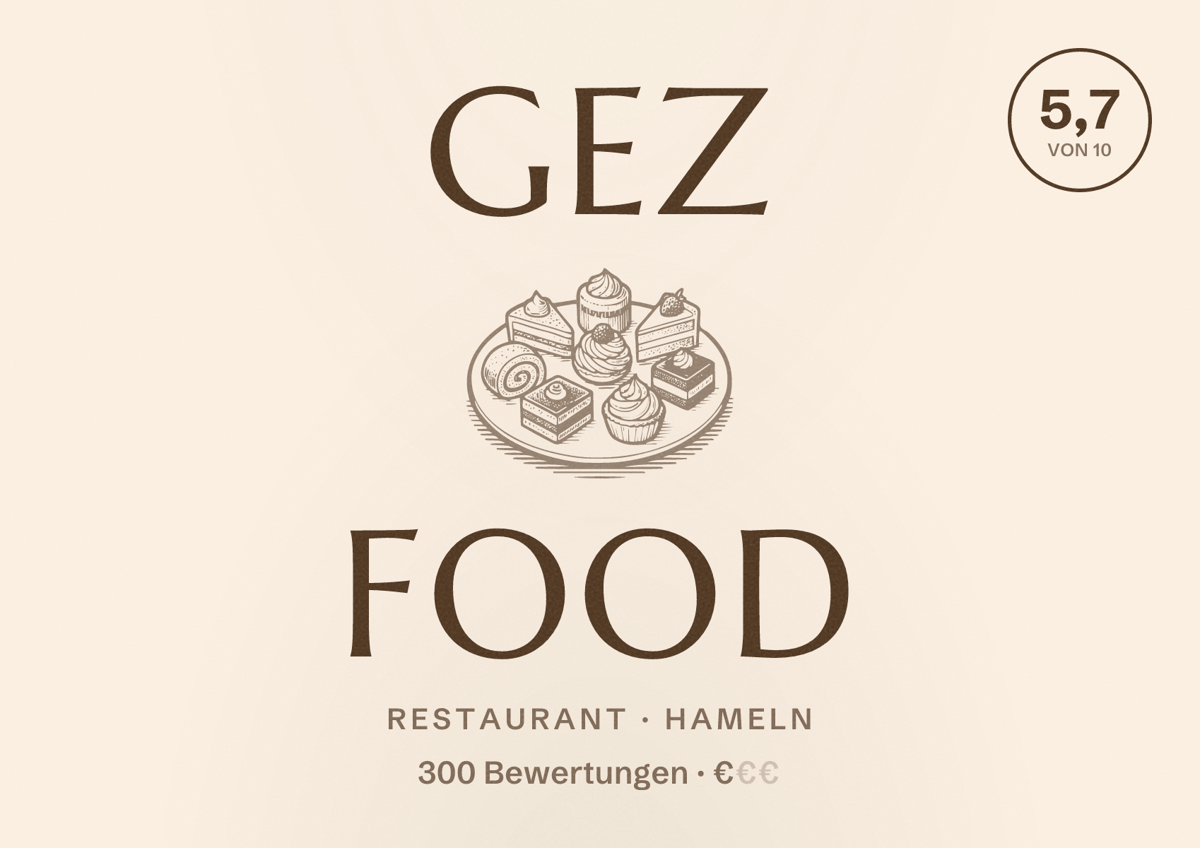Illustriertes Poster von GEZ FOOD, Restaurant in Hameln: Bewertung 5,7 von 10 aus 300 Bewertungen, Preisniveau €