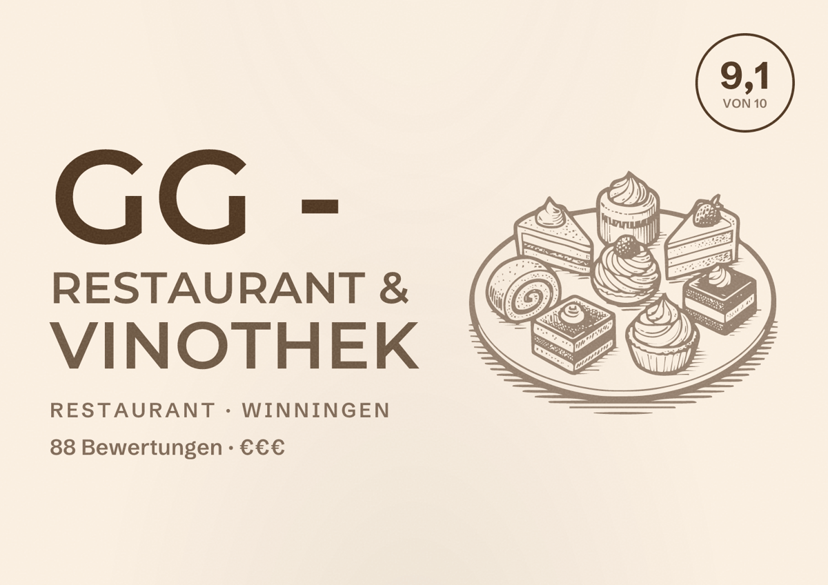 Illustriertes Poster von GG - Restaurant & Vinothek, Restaurant in Winningen: Bewertung 9,1 von 10 aus 88 Bewertungen, Preisniveau €€€