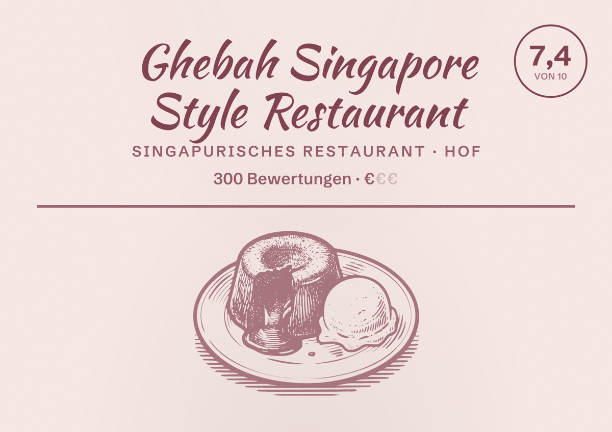 Illustriertes Poster von Ghebah Singapore Style Restaurant, Singapurisches Restaurant in Hof: Bewertung 7,4 von 10 aus 300 Bewertungen, Preisniveau €