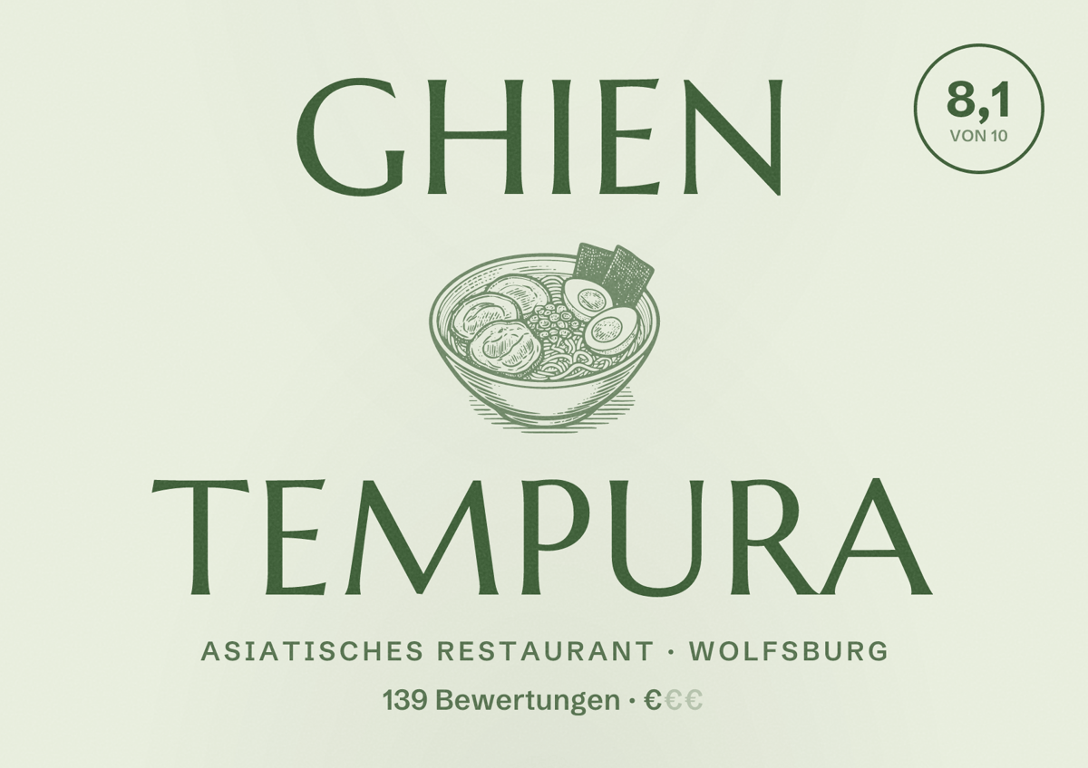 Illustriertes Poster von Ghien Tempura, Asiatisches Restaurant in Wolfsburg: Bewertung 8,1 von 10 aus 139 Bewertungen, Preisniveau €
