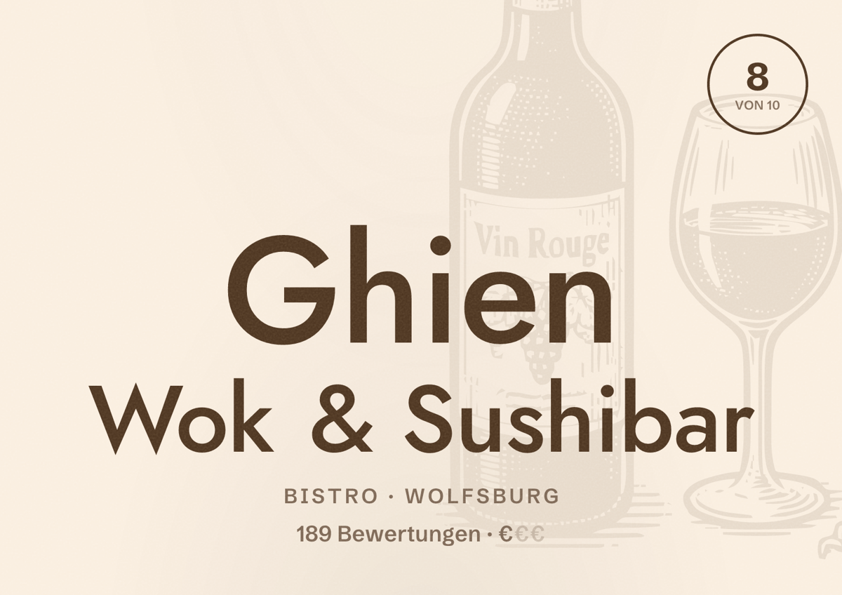 Illustriertes Poster von Ghien Wok & Sushibar, Bistro in Wolfsburg: Bewertung 8 von 10 aus 189 Bewertungen, Preisniveau €