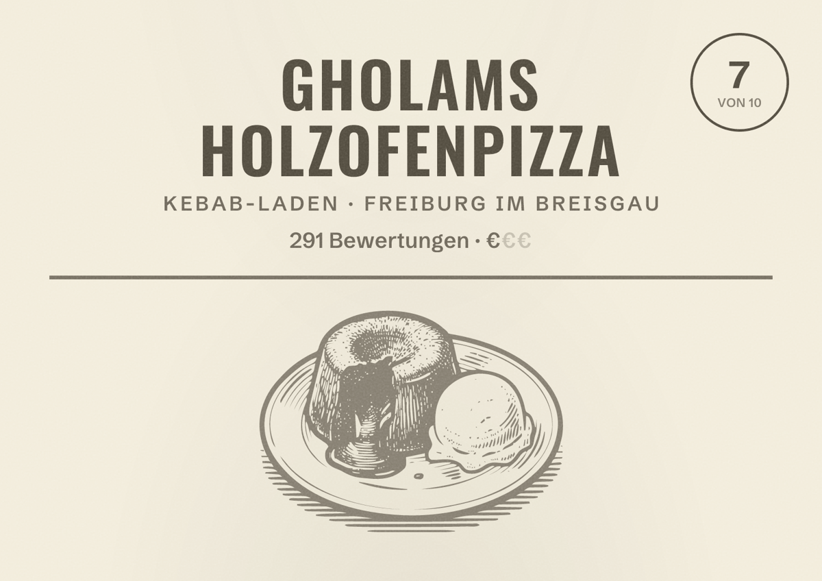 Illustriertes Poster von Gholams Holzofenpizza, Kebab-Laden in Freiburg im Breisgau: Bewertung 7,0 von 10 aus 291 Bewertungen, Preisniveau €