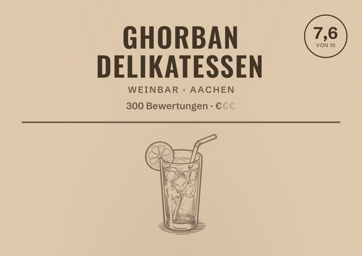 Illustriertes Poster von Ghorban Delikatessen, Weinbar in Aachen: Bewertung 7,6 von 10 aus 300 Bewertungen, Preisniveau €