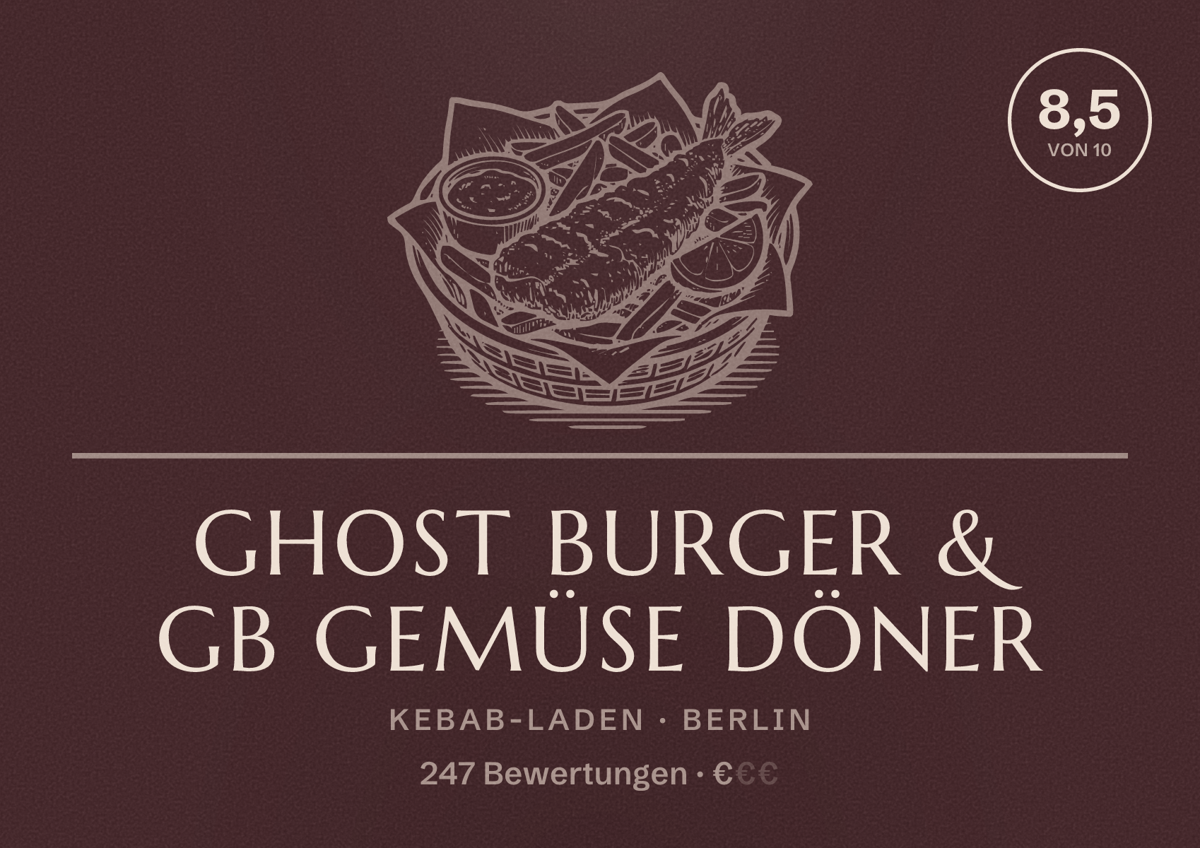 Illustriertes Poster von Ghost Burger & GB Gemüse Döner, Kebab-Laden in Berlin: Bewertung 8,5 von 10 aus 247 Bewertungen, Preisniveau €