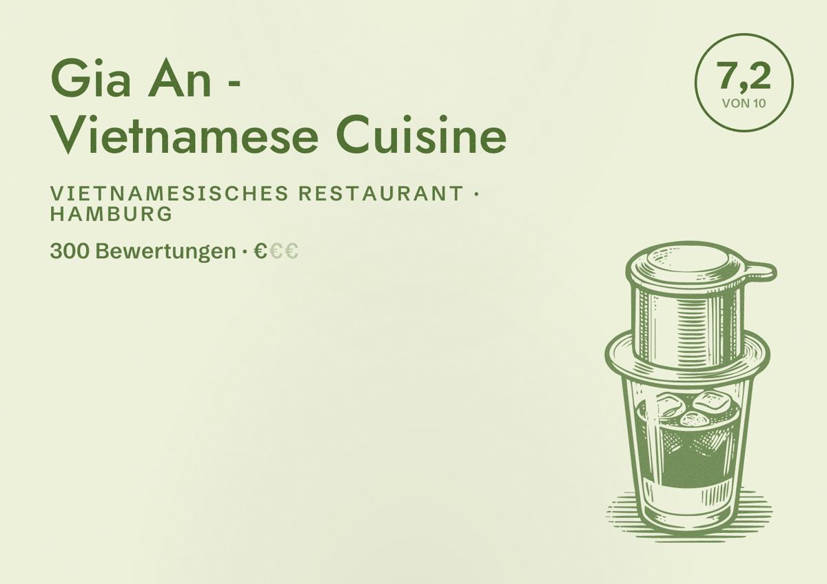 Illustriertes Poster von Gia An - Vietnamese Cuisine, Vietnamesisches Restaurant in Hamburg: Bewertung 7,2 von 10 aus 300 Bewertungen, Preisniveau €