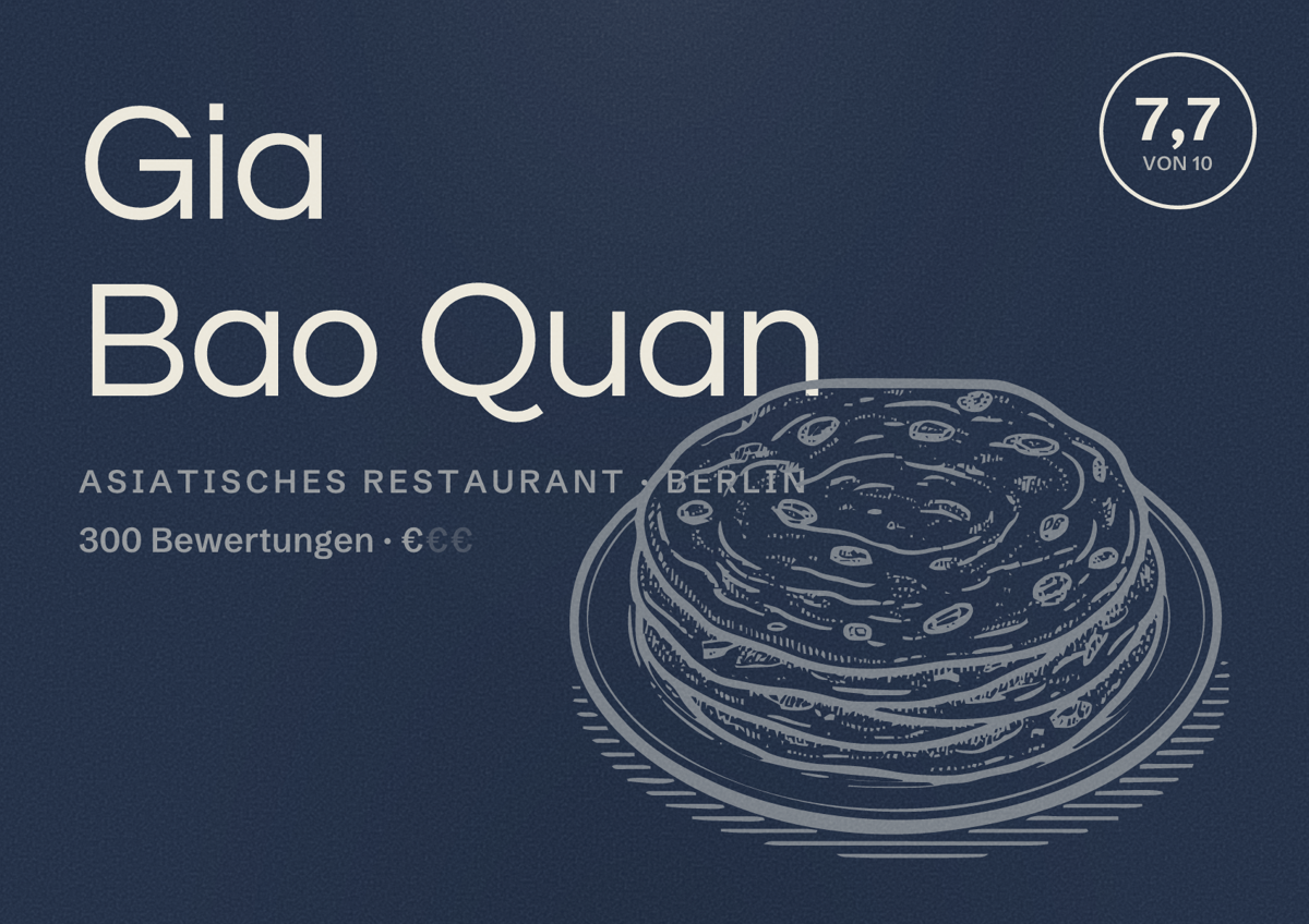Illustriertes Poster von Gia Bao Quan, Asiatisches Restaurant in Berlin: Bewertung 7,7 von 10 aus 300 Bewertungen, Preisniveau €
