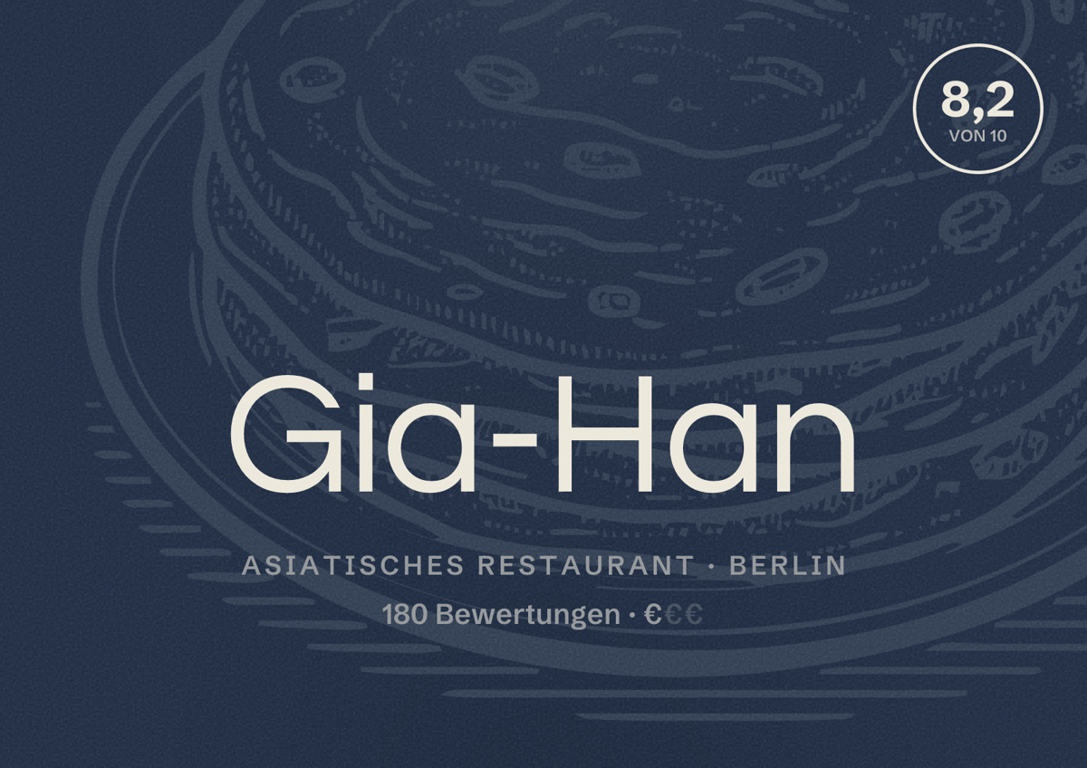 Illustriertes Poster von Gia-Han, Asiatisches Restaurant in Berlin: Bewertung 8,2 von 10 aus 180 Bewertungen, Preisniveau €