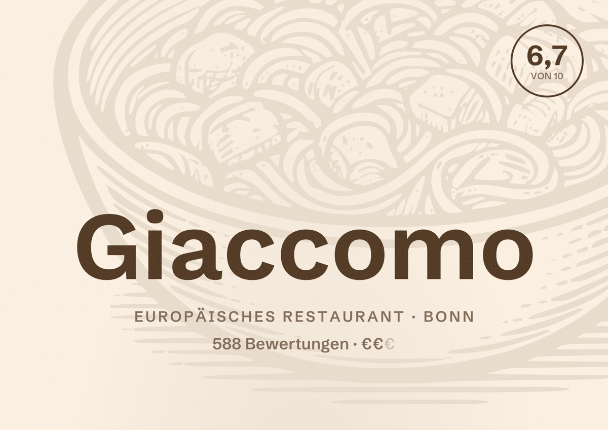 Illustriertes Poster von Giaccomo, Europäisches Restaurant in Bonn: Bewertung 6,7 von 10 aus 588 Bewertungen, Preisniveau €€
