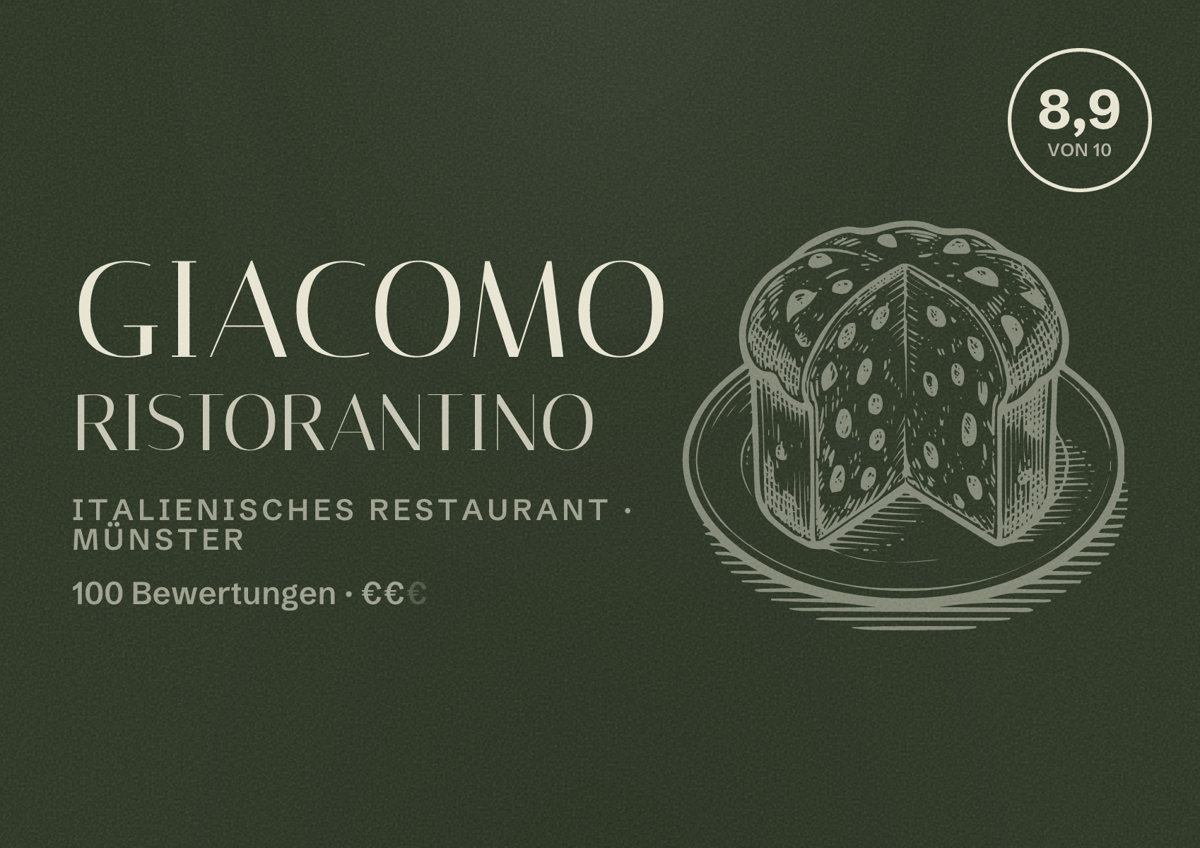 Illustriertes Poster von Giacomo Ristorantino, Italienisches Restaurant in Münster: Bewertung 8,9 von 10 aus 100 Bewertungen, Preisniveau €€
