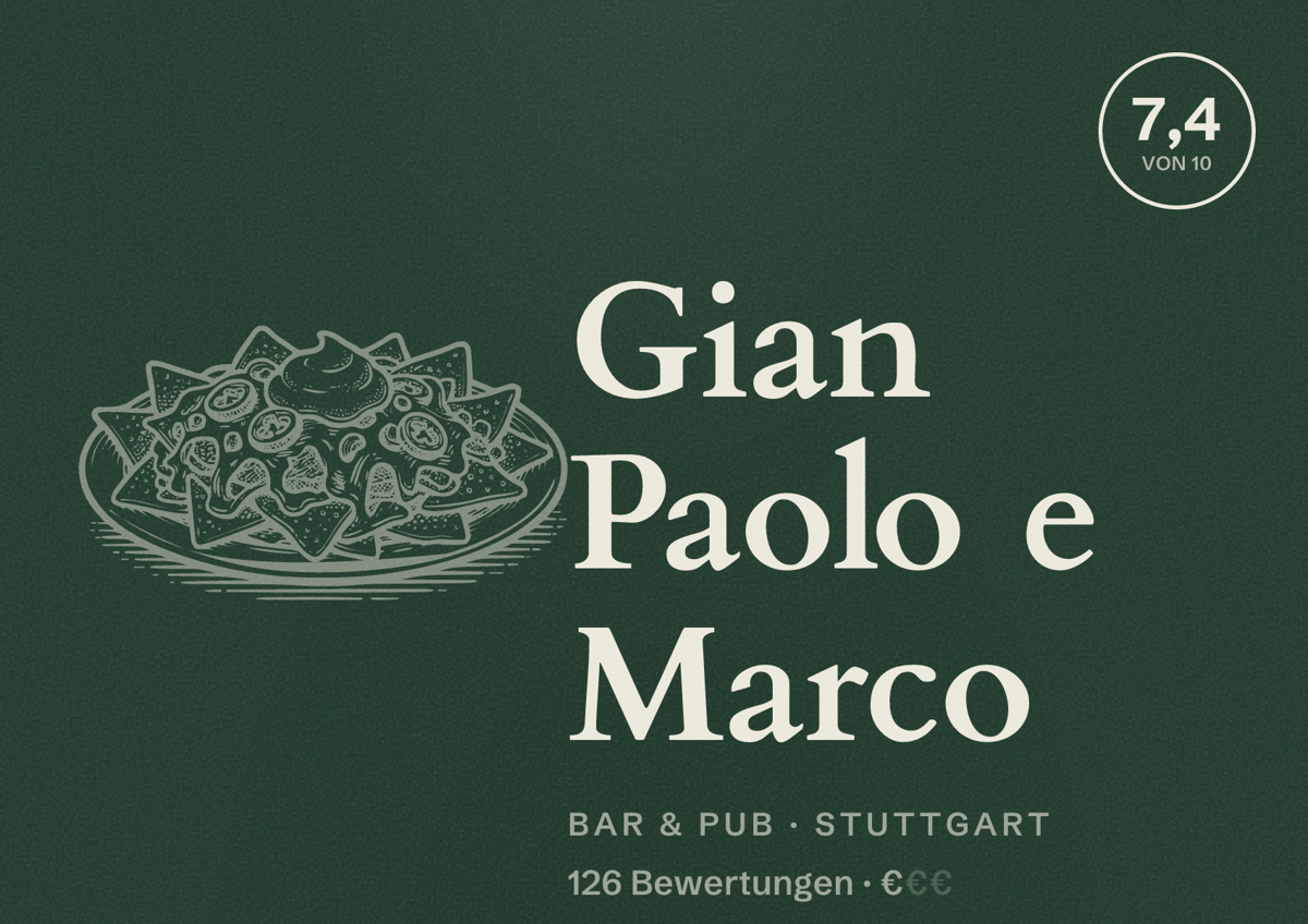 Illustriertes Poster von Gian Paolo e Marco, Bar & Pub in Stuttgart: Bewertung 7,4 von 10 aus 126 Bewertungen, Preisniveau €