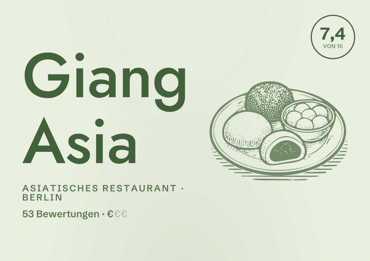 Illustriertes Poster von Giang Asia, Asiatisches Restaurant in Berlin: Bewertung 7,4 von 10 aus 53 Bewertungen, Preisniveau €