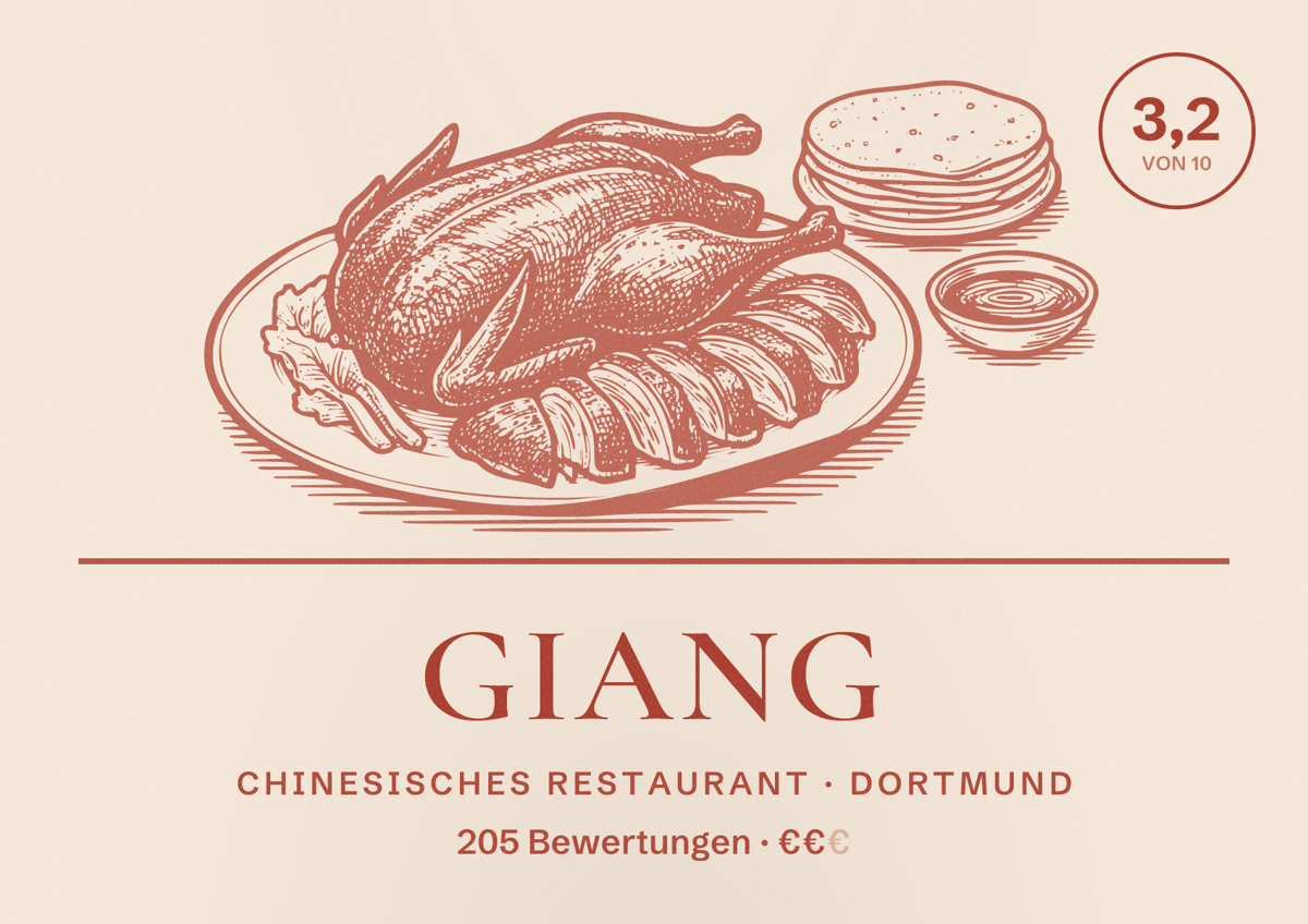 Illustriertes Poster von Giang, Chinesisches Restaurant in Dortmund: Bewertung 3,2 von 10 aus 205 Bewertungen, Preisniveau €€