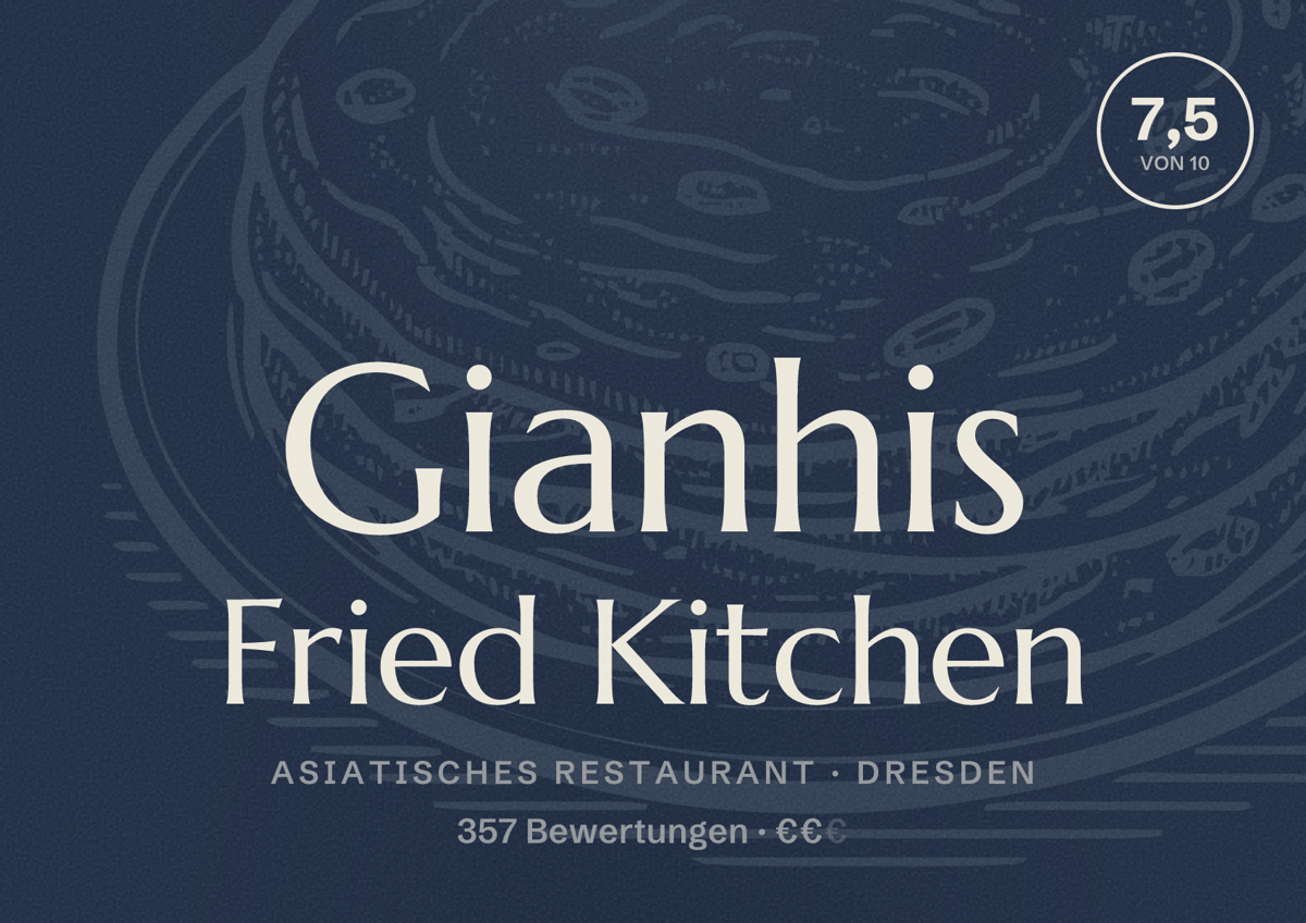 Illustriertes Poster von Gianhis Fried Kitchen, Asiatisches Restaurant in Dresden: Bewertung 7,5 von 10 aus 357 Bewertungen, Preisniveau €€