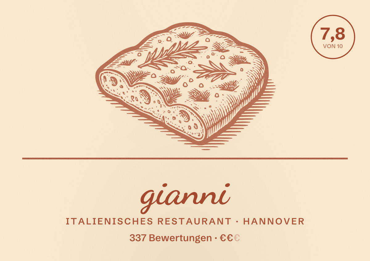 Illustriertes Poster von gianni, Italienisches Restaurant in Hannover: Bewertung 7,8 von 10 aus 337 Bewertungen, Preisniveau €€