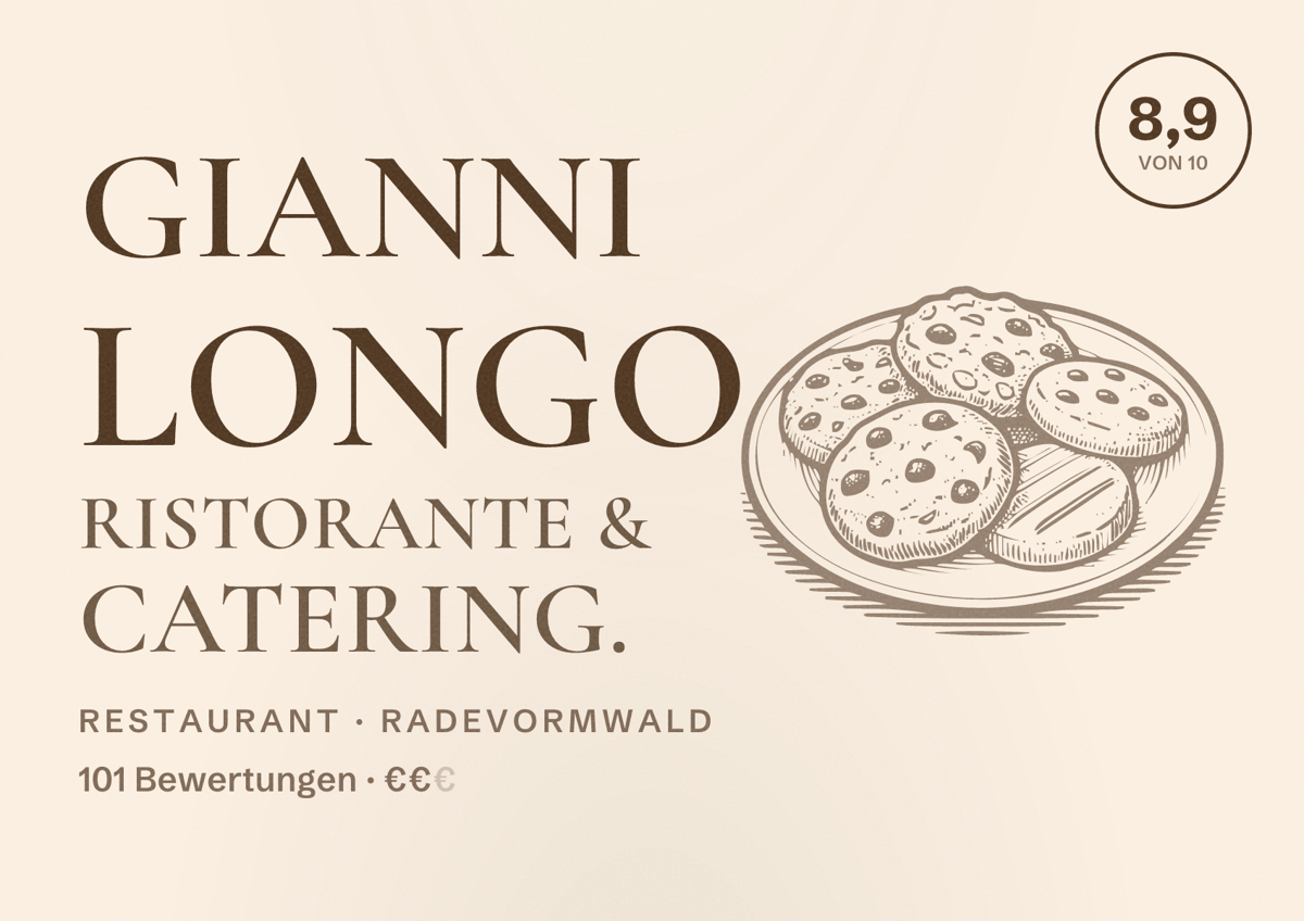 Illustriertes Poster von Gianni Longo Ristorante & Catering., Restaurant in Radevormwald: Bewertung 8,9 von 10 aus 101 Bewertungen, Preisniveau €€