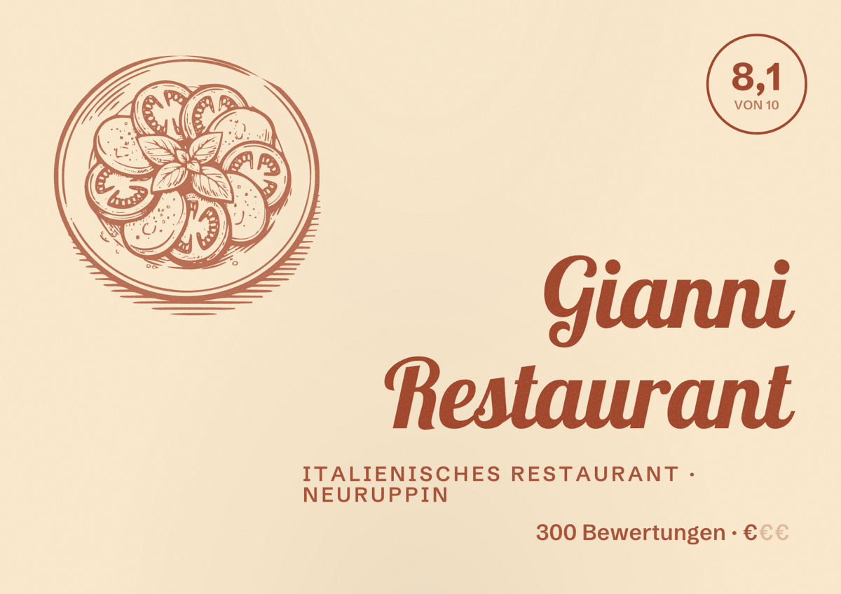 Illustriertes Poster von Gianni Restaurant, Italienisches Restaurant in Neuruppin: Bewertung 8,1 von 10 aus 300 Bewertungen, Preisniveau €
