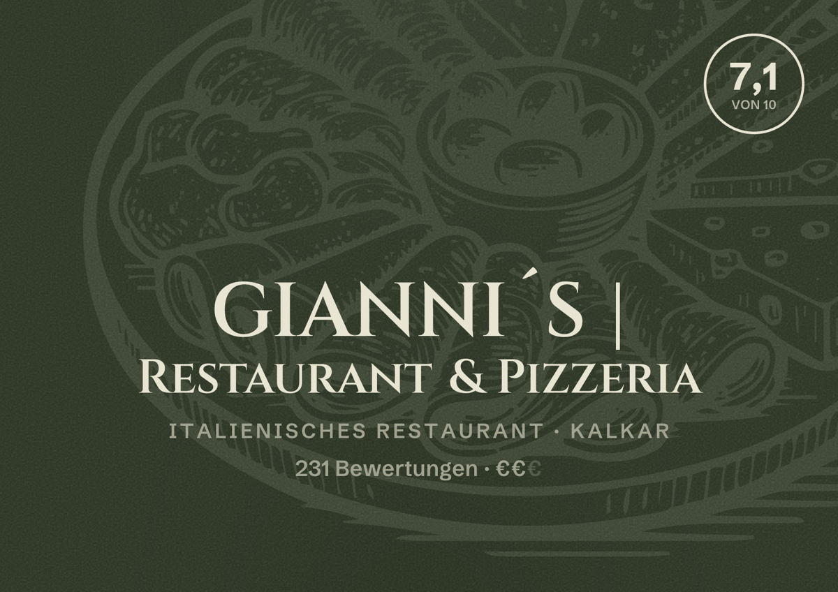 Illustriertes Poster von GIANNI´S | Restaurant & Pizzeria, Italienisches Restaurant in Kalkar: Bewertung 7,1 von 10 aus 231 Bewertungen, Preisniveau €€