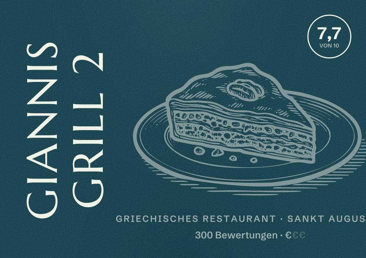 Illustriertes Poster von Giannis Grill 2, Griechisches Restaurant in Sankt Augustin: Bewertung 7,7 von 10 aus 300 Bewertungen, Preisniveau €