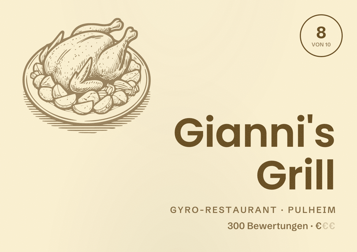 Illustriertes Poster von Gianni's Grill, Gyro-Restaurant in Pulheim: Bewertung 8 von 10 aus 300 Bewertungen, Preisniveau €