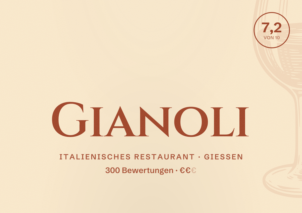 Illustriertes Poster von Gianoli, Italienisches Restaurant in Gießen: Bewertung 7,2 von 10 aus 300 Bewertungen, Preisniveau €€