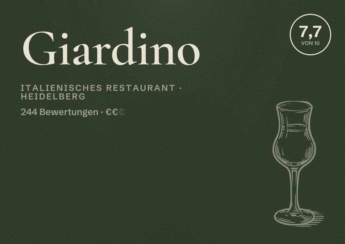 Illustriertes Poster von Giardino, Italienisches Restaurant in Heidelberg: Bewertung 7,7 von 10 aus 244 Bewertungen, Preisniveau €€