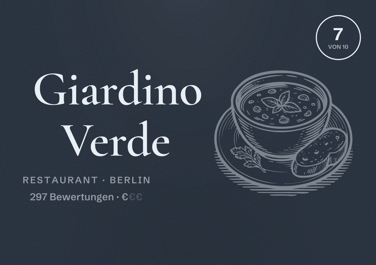 Illustriertes Poster von Giardino Verde, Restaurant in Berlin: Bewertung 7,0 von 10 aus 297 Bewertungen, Preisniveau €