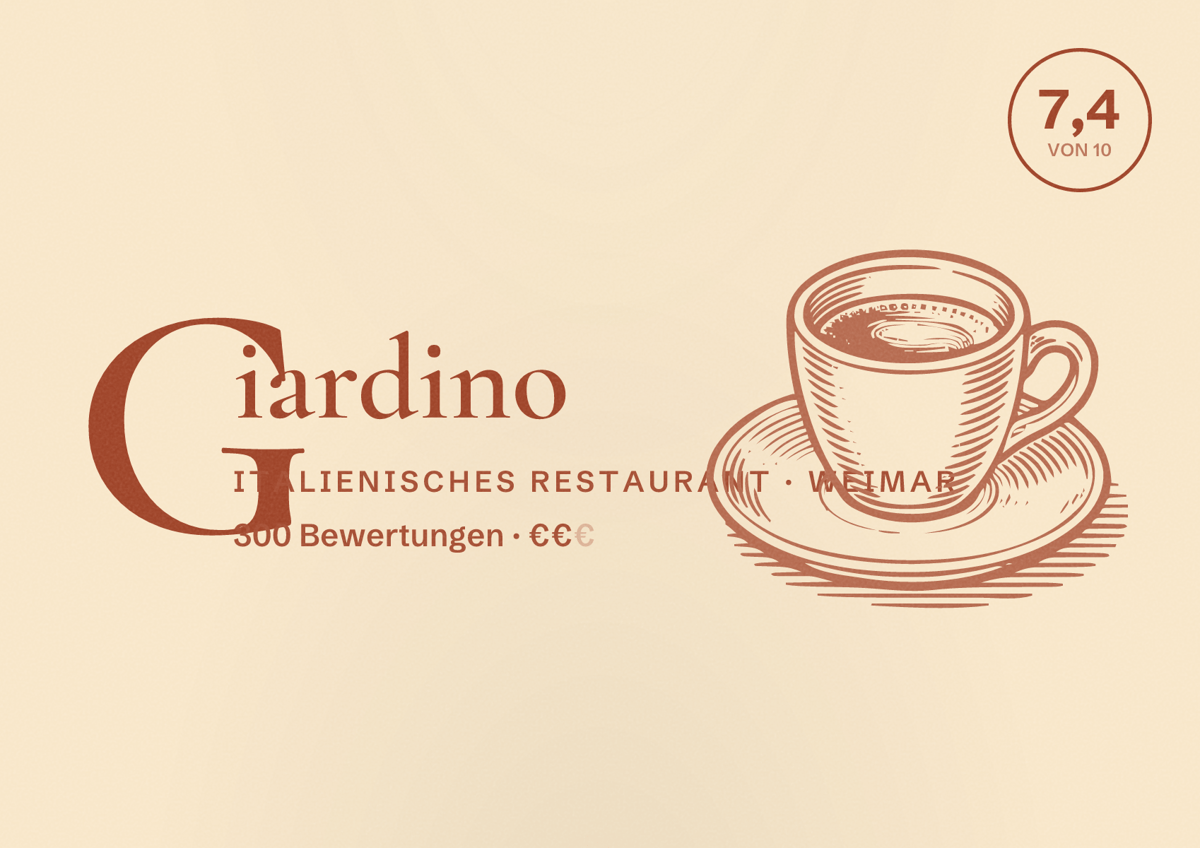 Illustriertes Poster von Giardino, Italienisches Restaurant in Weimar: Bewertung 7,4 von 10 aus 300 Bewertungen, Preisniveau €€