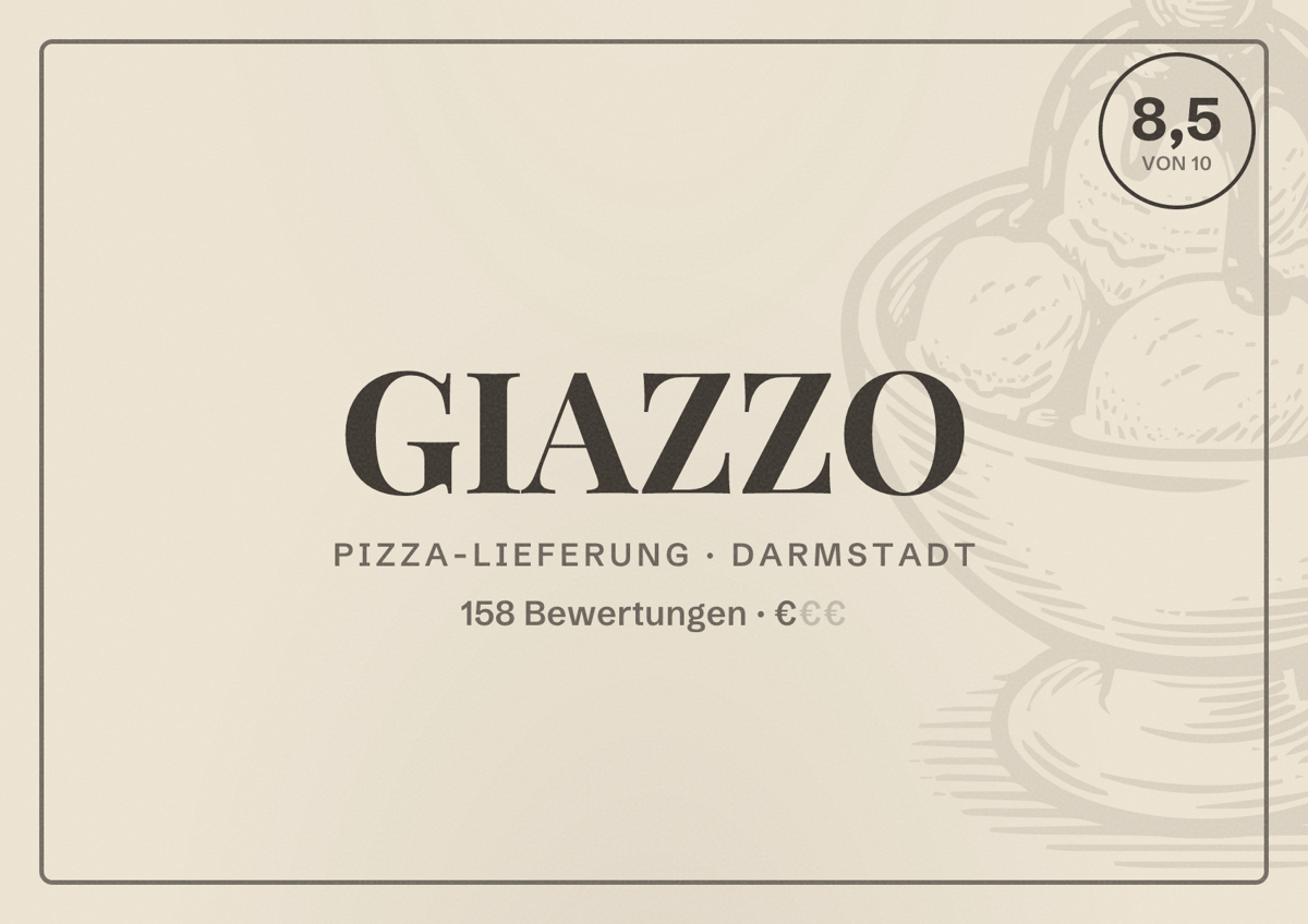 Illustriertes Poster von GIAZZO, Pizza-Lieferung in Darmstadt: Bewertung 8,5 von 10 aus 158 Bewertungen, Preisniveau €
