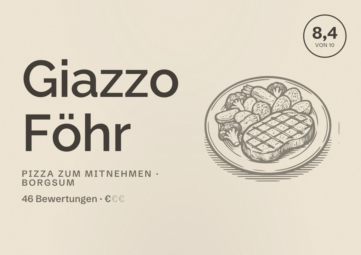 Illustriertes Poster von Giazzo Föhr, Pizza zum Mitnehmen in Borgsum: Bewertung 8,4 von 10 aus 46 Bewertungen, Preisniveau €