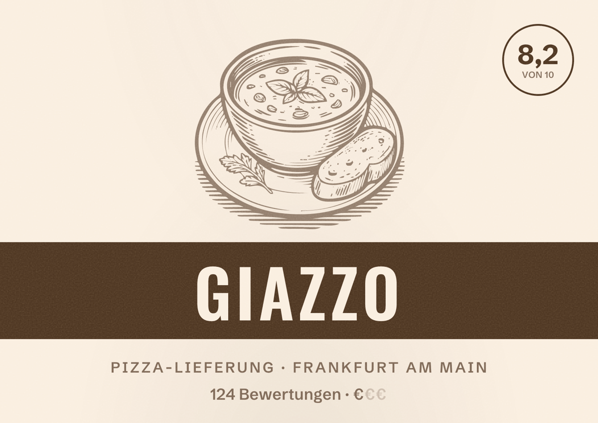 Illustriertes Poster von GIAZZO, Pizza-Lieferung in Frankfurt am Main: Bewertung 8,2 von 10 aus 124 Bewertungen, Preisniveau €