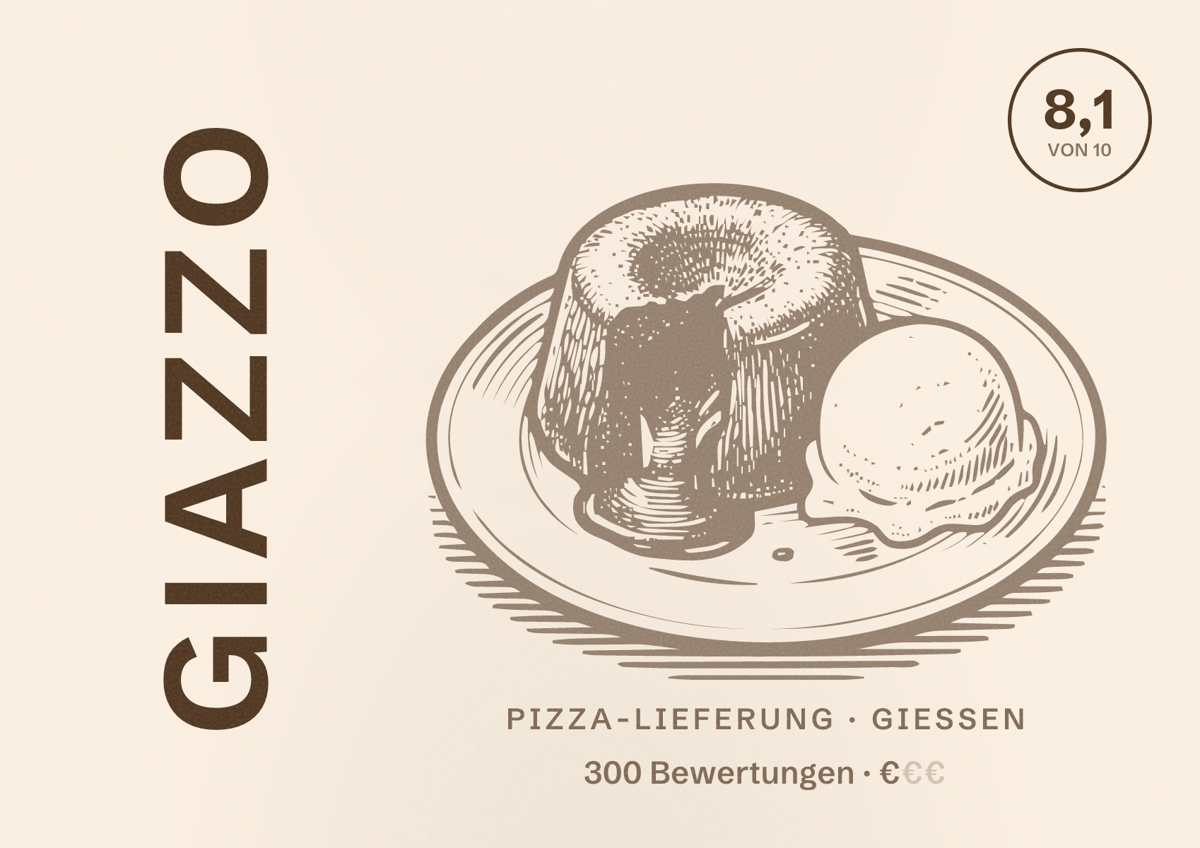 Illustriertes Poster von GIAZZO, Pizza-Lieferung in Gießen: Bewertung 8,1 von 10 aus 300 Bewertungen, Preisniveau €