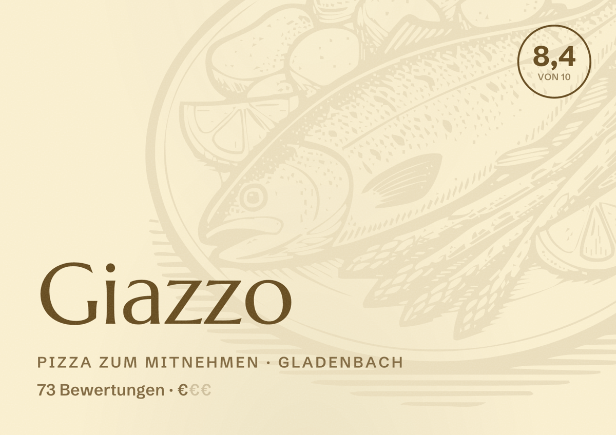 Illustriertes Poster von Giazzo, Pizza zum Mitnehmen in Gladenbach: Bewertung 8,4 von 10 aus 73 Bewertungen, Preisniveau €