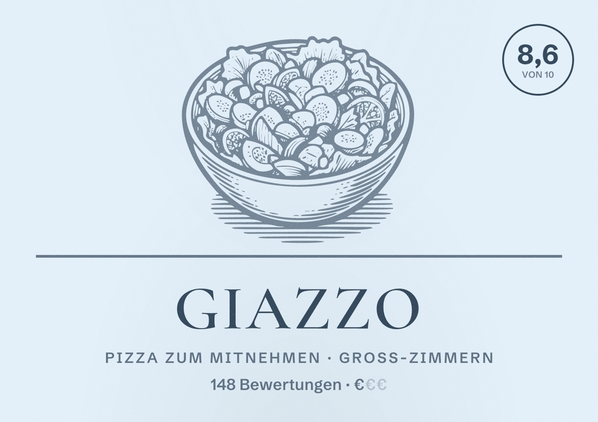 Illustriertes Poster von GIAZZO, Pizza zum Mitnehmen in Groß-Zimmern: Bewertung 8,6 von 10 aus 148 Bewertungen, Preisniveau €