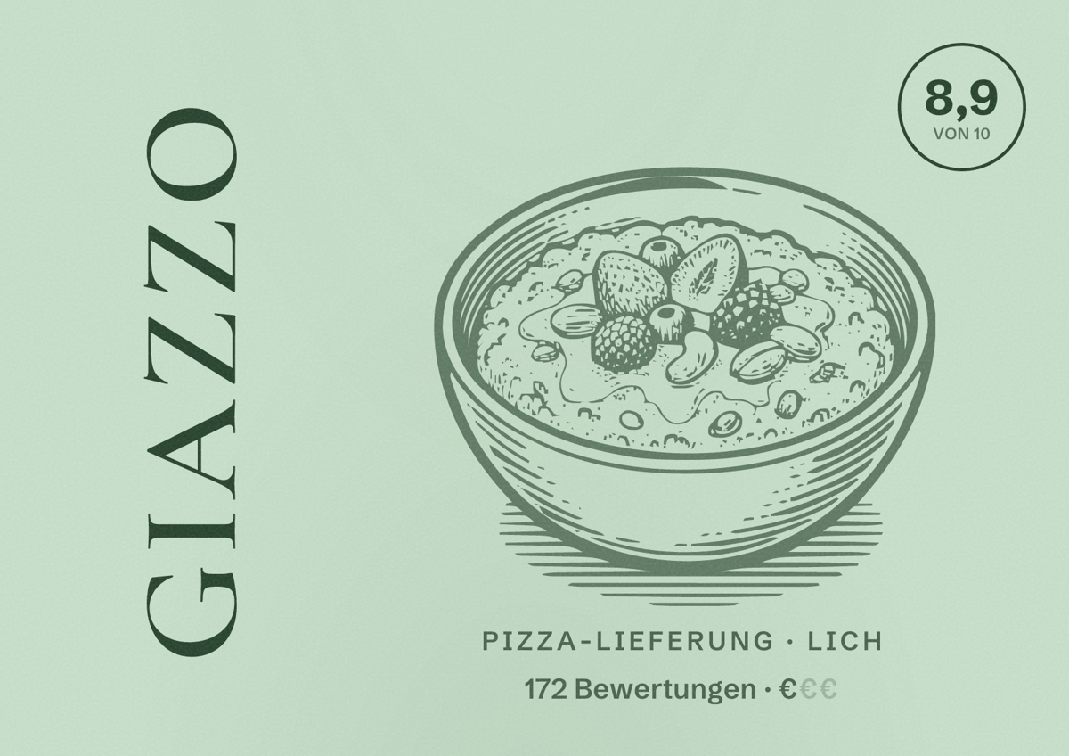 Illustriertes Poster von GIAZZO, Pizza-Lieferung in Lich: Bewertung 8,9 von 10 aus 172 Bewertungen, Preisniveau €
