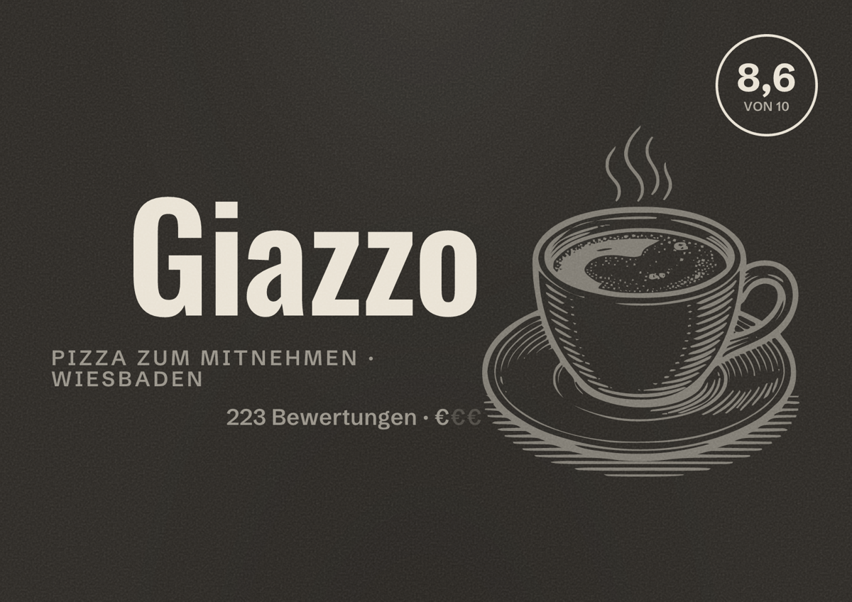 Illustriertes Poster von Giazzo, Pizza zum Mitnehmen in Wiesbaden: Bewertung 8,6 von 10 aus 223 Bewertungen, Preisniveau €