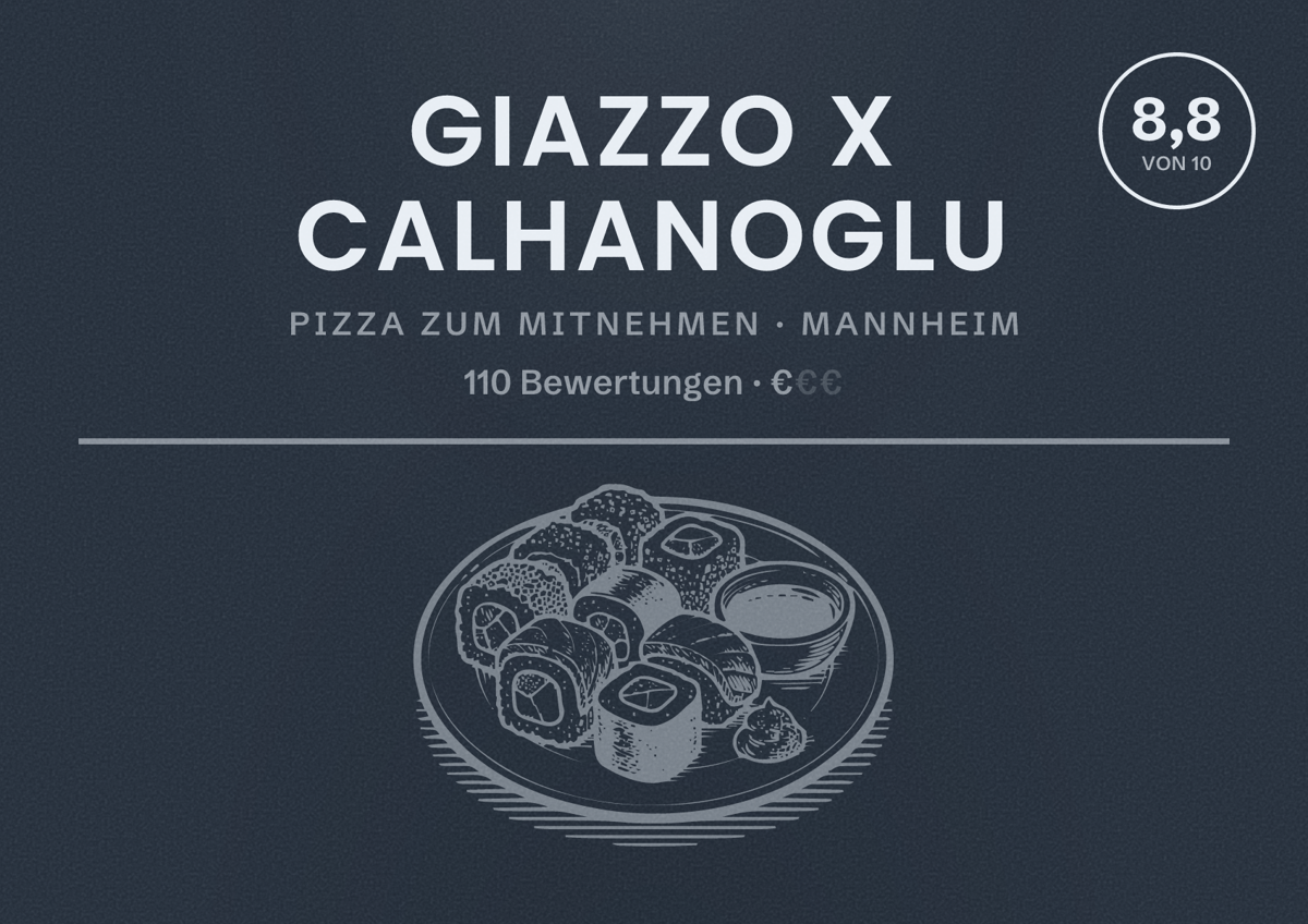Illustriertes Poster von GIAZZO x Calhanoglu, Pizza zum Mitnehmen in Mannheim: Bewertung 8,8 von 10 aus 110 Bewertungen, Preisniveau €