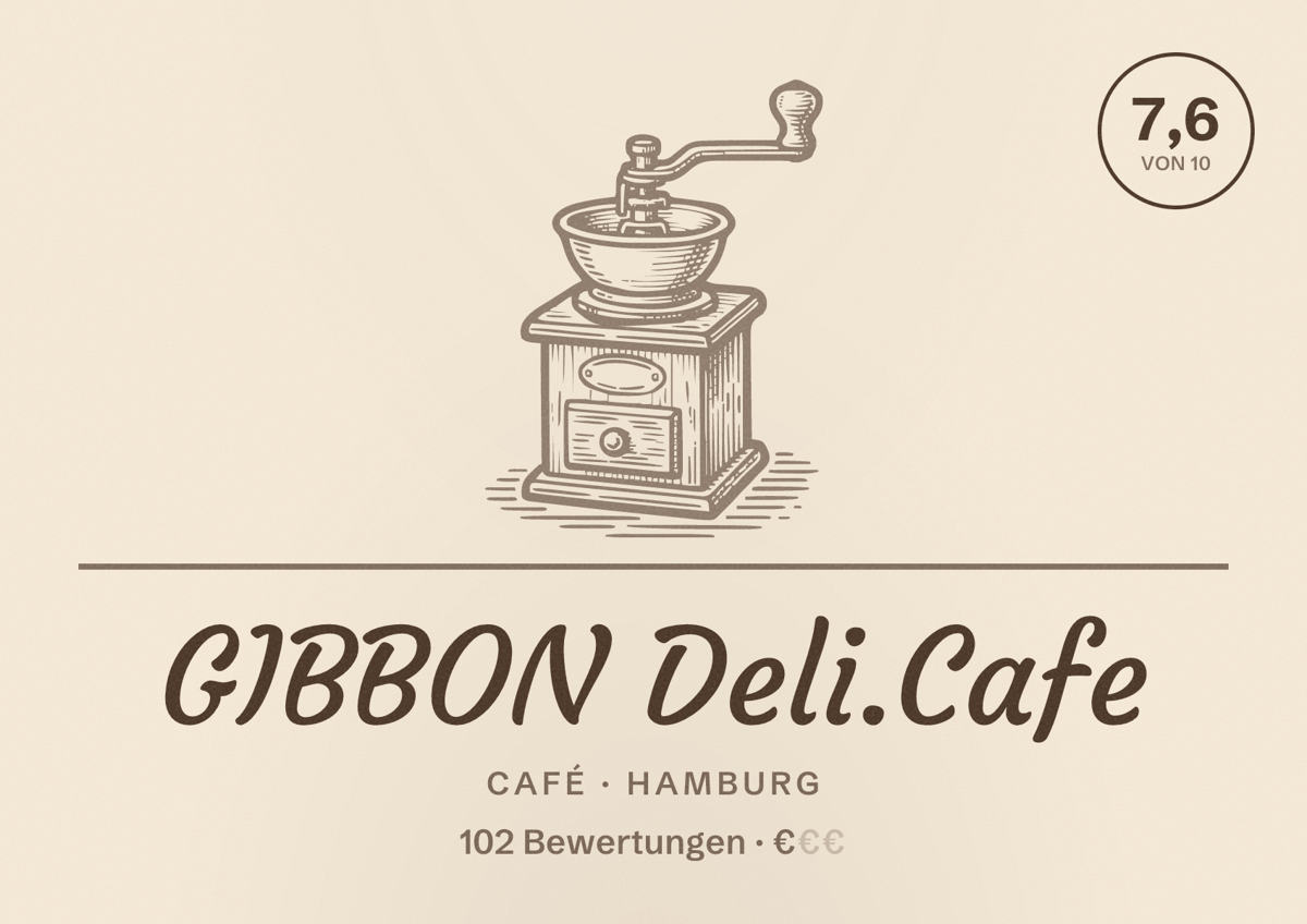Illustriertes Poster von GIBBON Deli.Cafe, Café in Hamburg: Bewertung 7,6 von 10 aus 102 Bewertungen, Preisniveau €