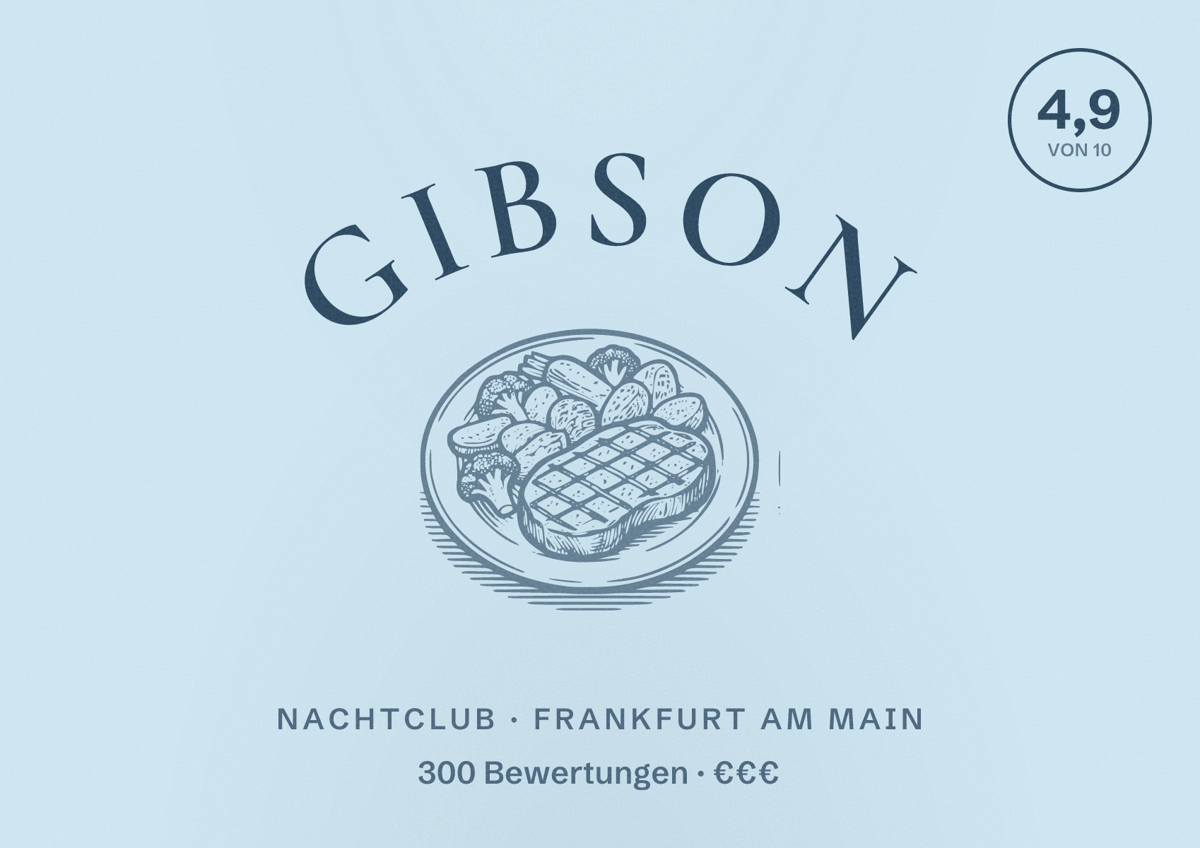 Illustriertes Poster von Gibson, Nachtclub in Frankfurt am Main: Bewertung 4,9 von 10 aus 300 Bewertungen, Preisniveau €€€