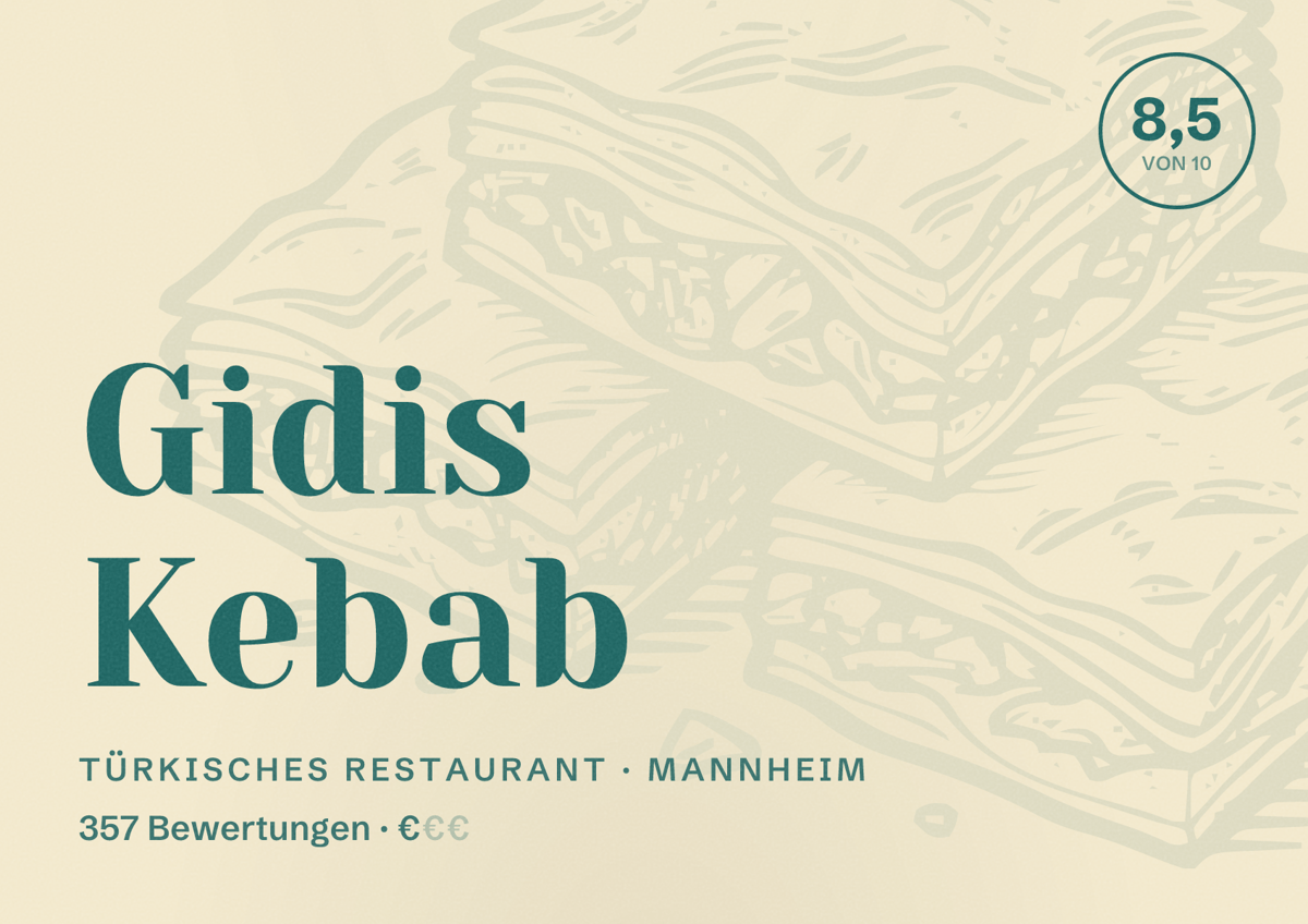 Illustriertes Poster von Gidis Kebab, Türkisches Restaurant in Mannheim: Bewertung 8,5 von 10 aus 357 Bewertungen, Preisniveau €