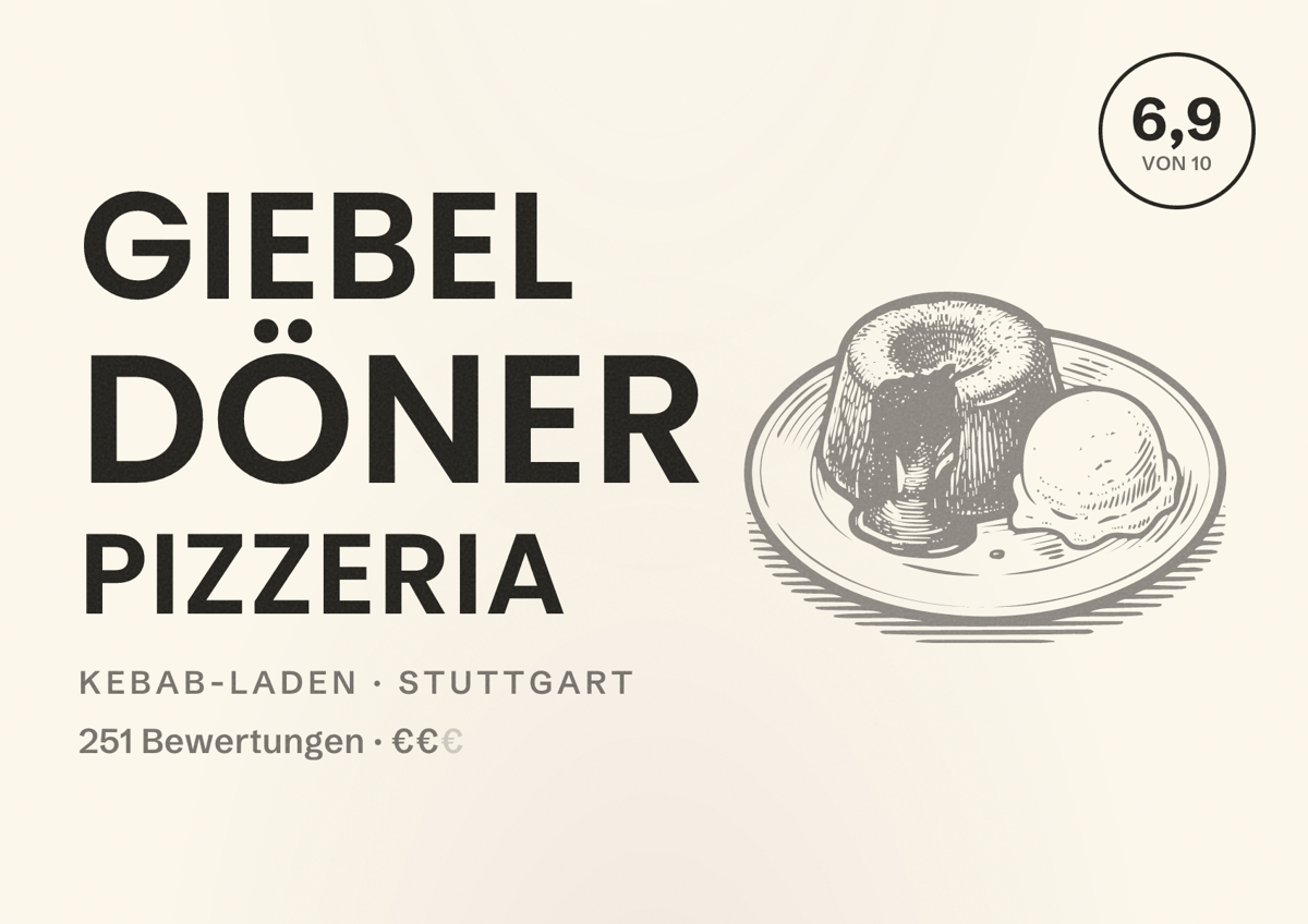 Illustriertes Poster von Giebel Döner Pizzeria, Kebab-Laden in Stuttgart: Bewertung 6,9 von 10 aus 251 Bewertungen, Preisniveau €€