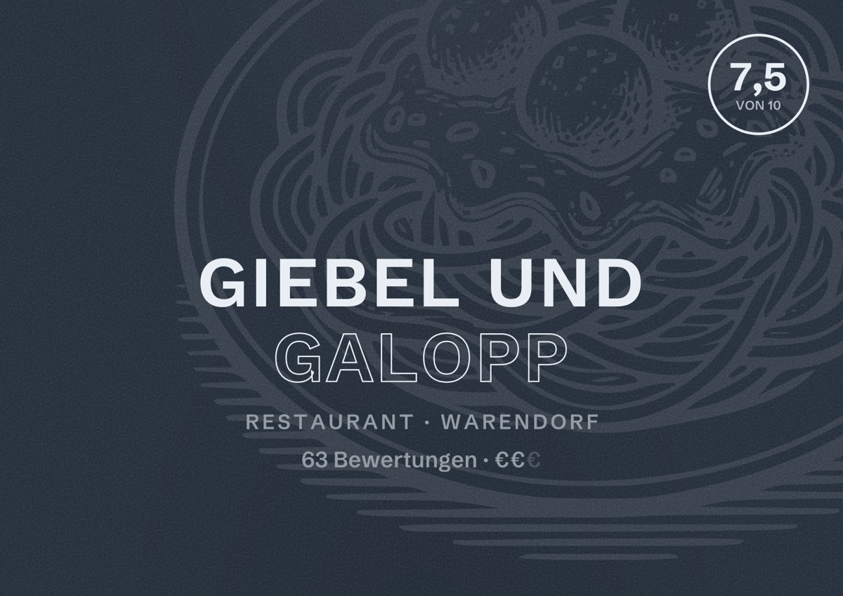 Illustriertes Poster von Giebel und Galopp, Restaurant in Warendorf: Bewertung 7,5 von 10 aus 63 Bewertungen, Preisniveau €€