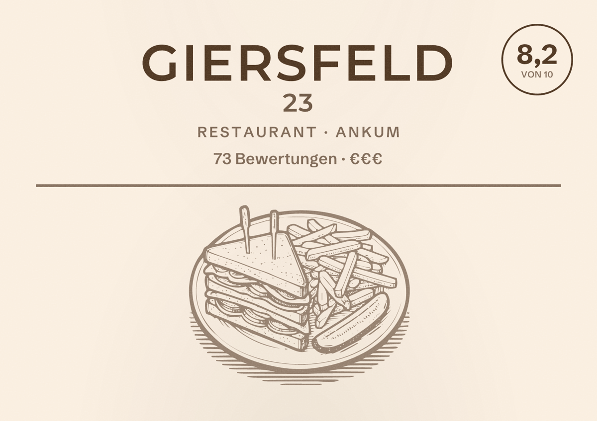 Illustriertes Poster von Giersfeld 23, Restaurant in Ankum: Bewertung 8,2 von 10 aus 73 Bewertungen, Preisniveau €€€