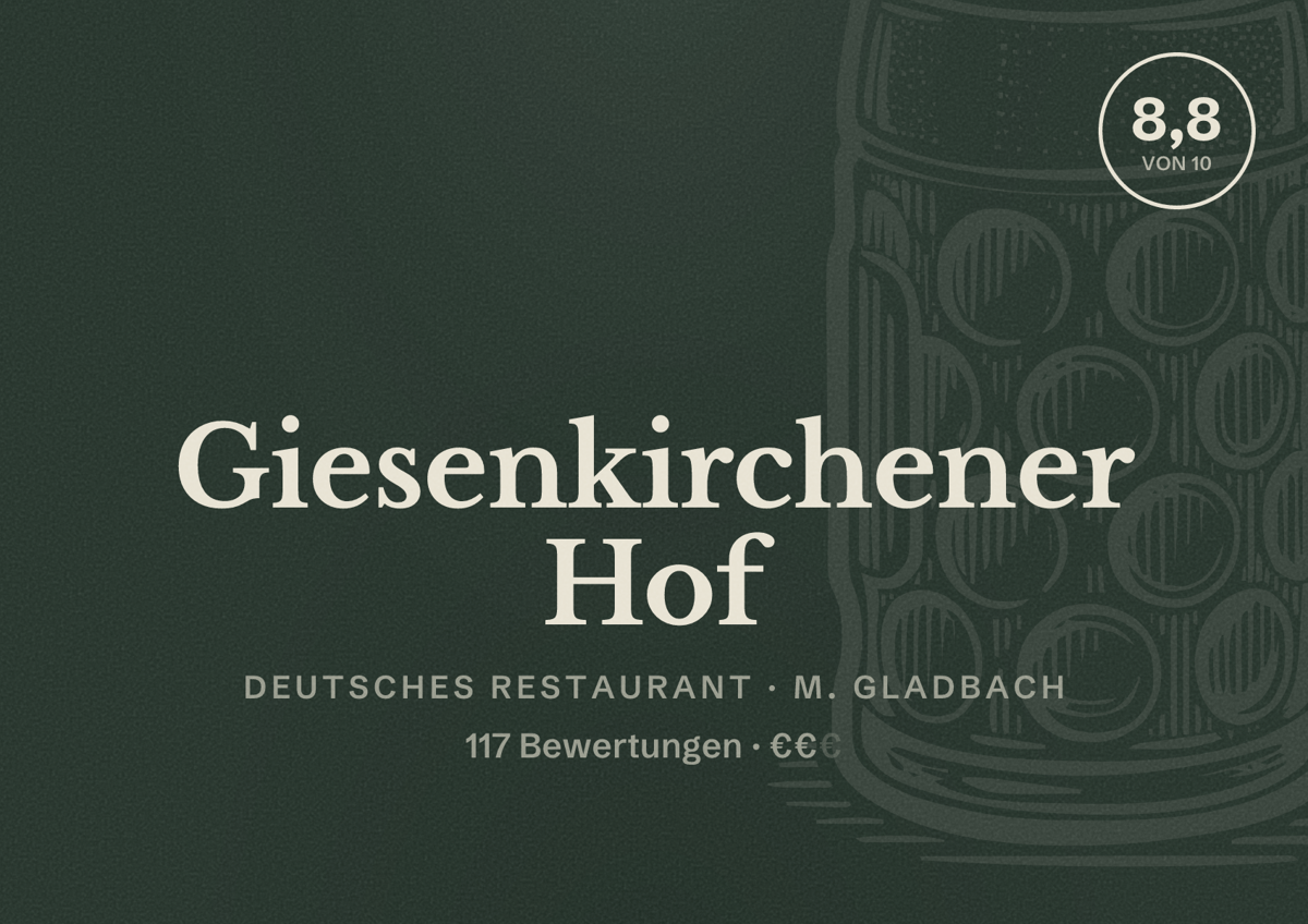 Illustriertes Poster von Giesenkirchener Hof, Deutsches Restaurant in M. Gladbach: Bewertung 8,8 von 10 aus 117 Bewertungen, Preisniveau €€