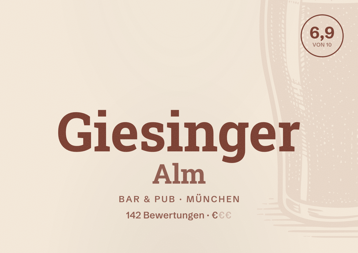 Illustriertes Poster von Giesinger Alm, Bar & Pub in München: Bewertung 6,9 von 10 aus 142 Bewertungen, Preisniveau €