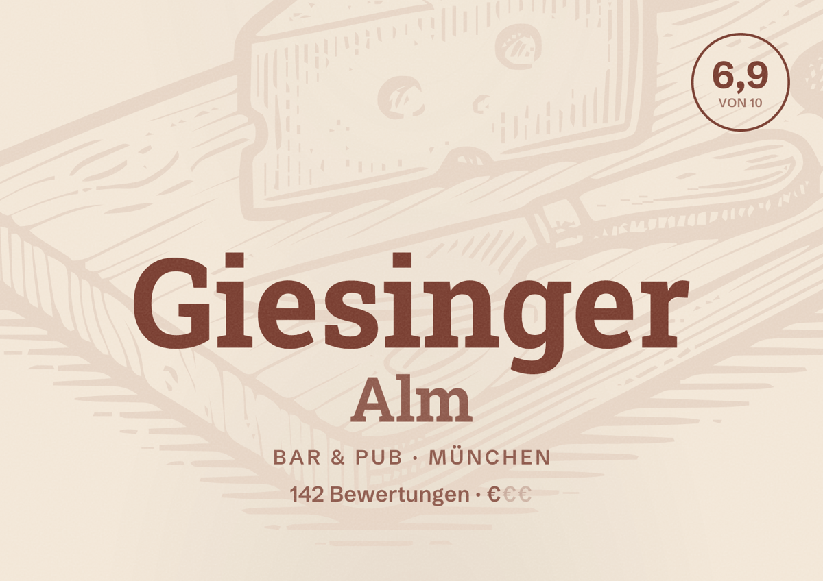 Illustriertes Poster von Giesinger Alm, Bar & Pub in München: Bewertung 6,9 von 10 aus 142 Bewertungen, Preisniveau €