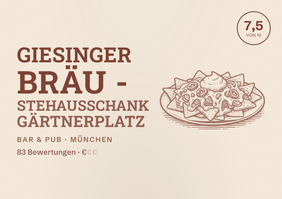 Illustriertes Poster von Giesinger Bräu - Stehausschank Gärtnerplatz, Bar & Pub in München: Bewertung 7,5 von 10 aus 83 Bewertungen, Preisniveau €