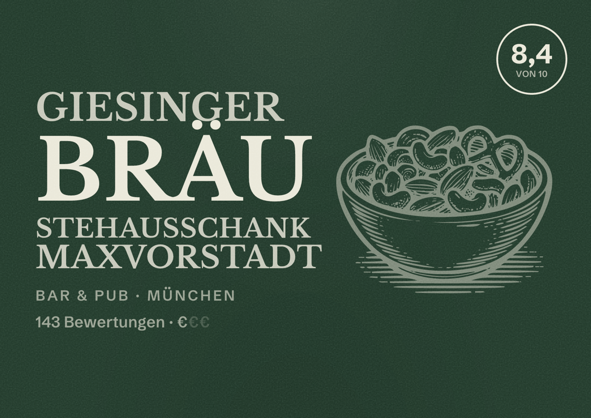Illustriertes Poster von Giesinger Bräu Stehausschank Maxvorstadt, Bar & Pub in München: Bewertung 8,4 von 10 aus 143 Bewertungen, Preisniveau €